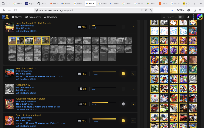 So sieht Ruhm aus: Ein Blick auf die Erfolge-Übersichtsseite des RetroAchievements-Community-Managers Nepiki. Er hat 274 Titel komplett gemeistert. (Bild: Nintendo / Screenshot: Medienagentur Plassma)